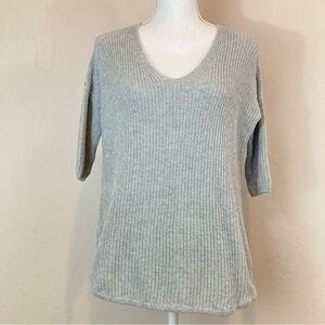 Express Factory Gray V-neck Open Knit Baggy Short Sleeve Top Sweater XS